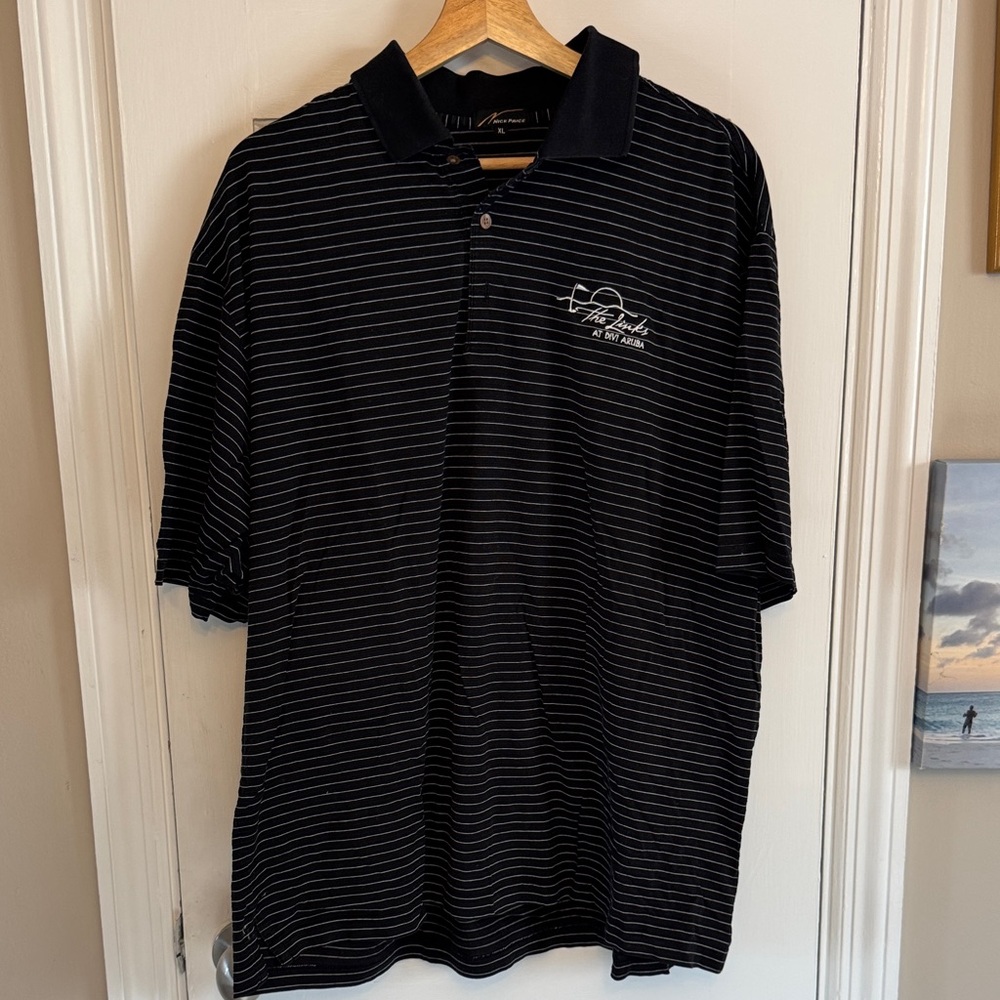 Nick Price Golf Black Striped Polo Shirt from the Links at Divi Aruba